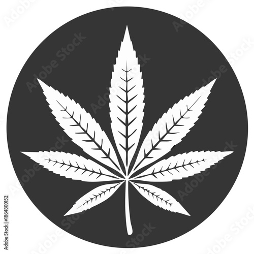 Minimalist cannabis leaf icon against a solid gray circle backdrop in grayscale illustration