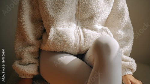 Woman wearing light cozy fleece jacket and leggings