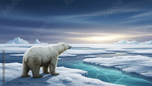 A lone polar bear stands on melting ice floes in a serene arctic landscape with a dark cloudy sky and distant icebergs with climate change and global warming