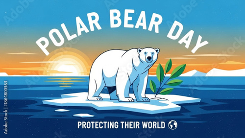 Polar bear standing on ice floes with green plant at sunset on world polar bear day protecting their world with climate change and environment