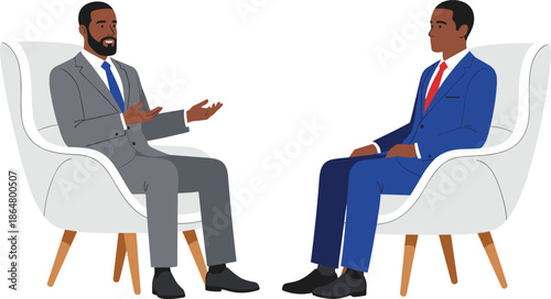 Two businessmen having professional interview conversation while sitting in armchairs isolated on white background corporate meeting flat vector illustration