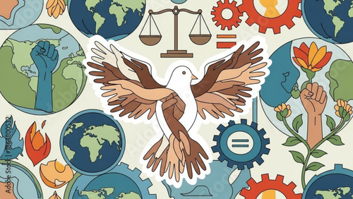 Dove surrounded by earth, gears, scales, flowers, and fists on a beige background, symbolizing peace, unity, and environmental conservation with ecology