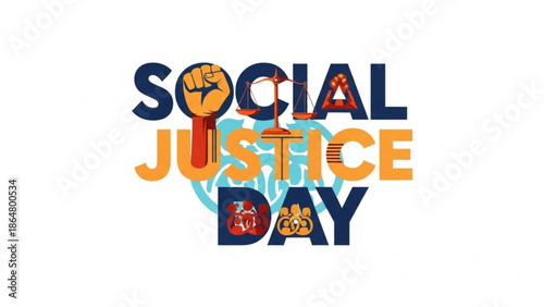 Social justice day awareness concept with symbolic illustrations and bold typography on white background with equality and human rights and activism