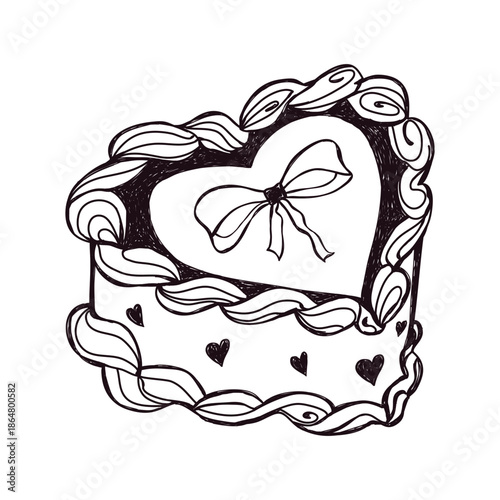 Whimsical coquette cake with bow, ribbon, hearts. Cute vintage valentine element for wedding, menu, birthday invitation, party. Doodle Valentine's Day sketch. Hand drawn crayon isolated vector illustr