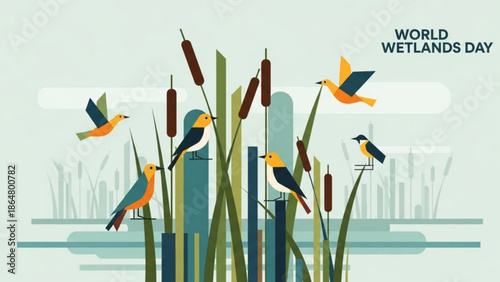 Vibrant illustration of birds and cattails celebrating world wetlands day with a serene natural background with nature and environment and conservation