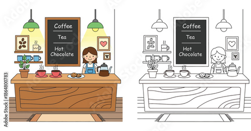 Cute coffee shop interior with female barista, drinks, and cookies, plus black and white coloring page outline vector illustration