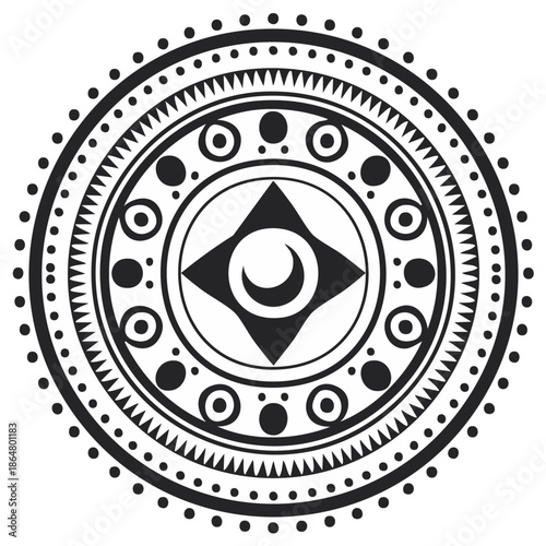 Black and white spiritual mandala with sacred geometry and a lunar crescent symbol