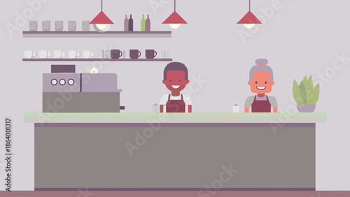 Smiling barista preparing coffee at a counter with a coworker in a modern coffee shop interior