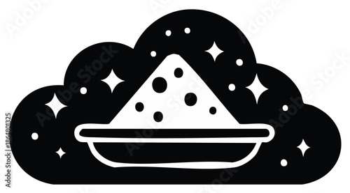 Stylized icon with sugar pile on plate, surrounded by stars and clouds