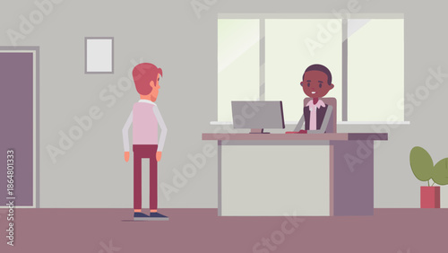 Business consultant advising client in modern office setting with computer and plant
