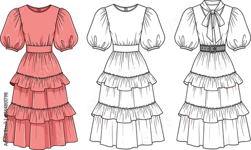 Women ruffled dress fashion design set front view cad drawing flat vector illustration for apparel pattern and clothing production