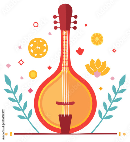 Traditional Asian string instrument illustration with lotus flowers and festive symbols