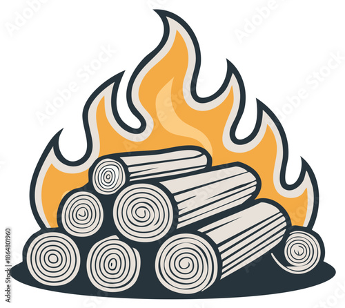 Stylized vector illustration of a burning campfire with stacked firewood logs