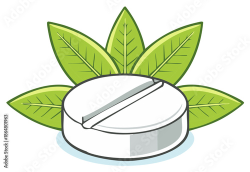 White pill with green leaves, healthy medicine, natural herbal remedies.