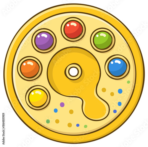 Cartoon artist's palette with paint balls, colorful dots and a central opening, gold vector clip art