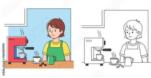 Barista making coffee vector illustration with coloring page outline. Young woman in apron using espresso machine in cafe. Split screen design for coloring book activity.