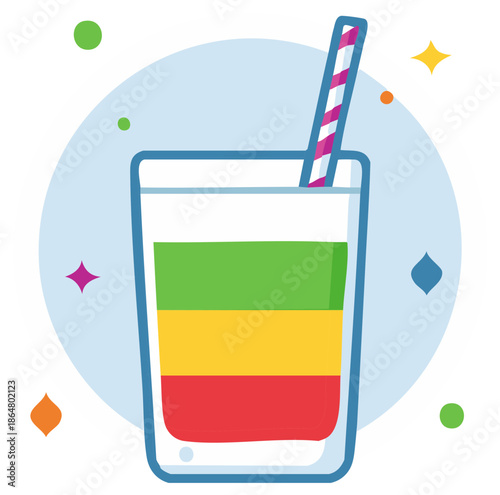 Stripped drink with straw, red, yellow, and green layers, colorful vector graphic, cute icon, juice