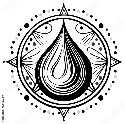 Intricate circular design featuring central teardrop element with decorative border, black and white illustration