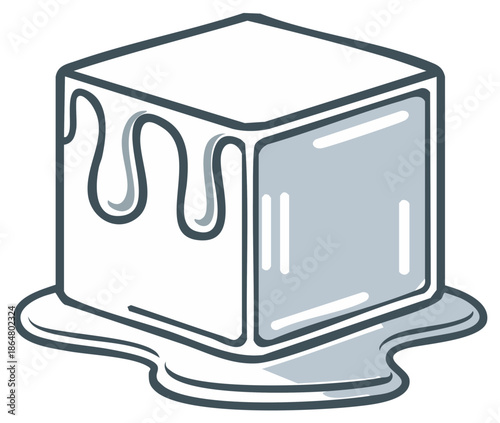 Melting Ice Cube Illustration with Dripping Liquid and Puddle of Water