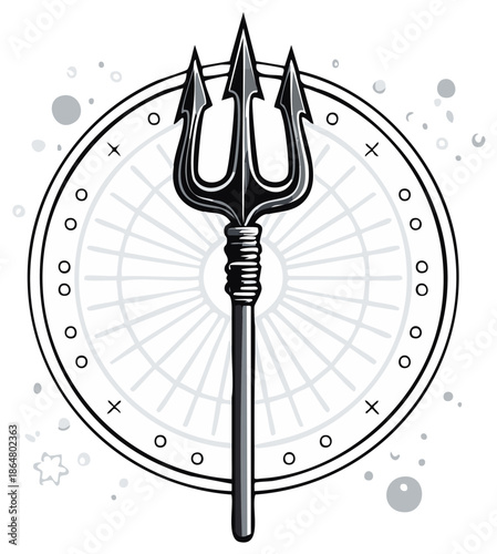 Stylized trident symbol with compass rose outline and scattered bubbles and sparkles