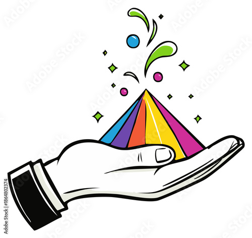 Colorful pyramid bursts with magic from open hand in cartoon style