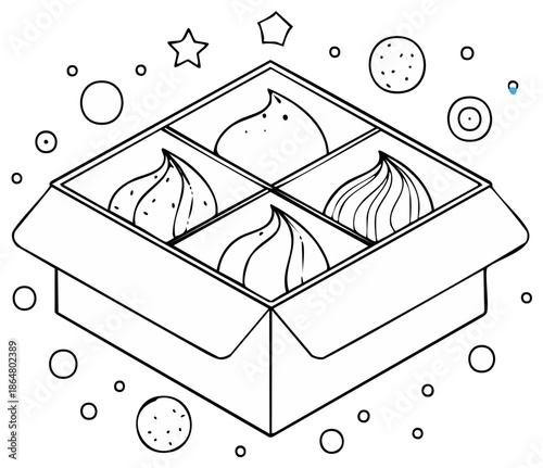 Outline Drawing of Box with Four Dessert Creams, Stars and Dots Coloring Page