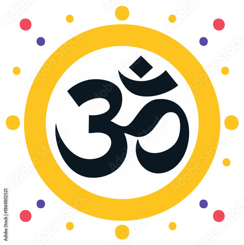 Modern Om symbol with vibrant colorful dots in a bright yellow circle