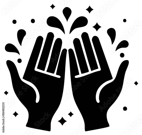 Clean hands with splashing water and sparkling effects icon