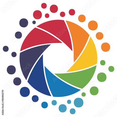 Creative photography logo concept with colorful aperture shape encircled by dots