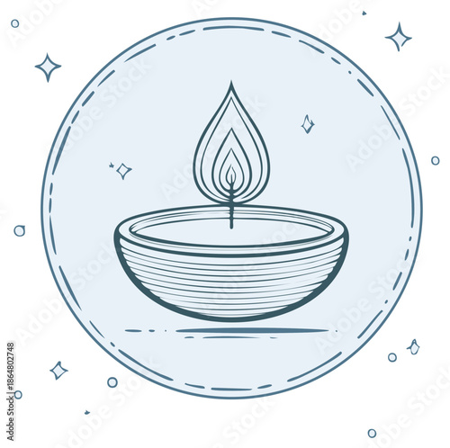 Traditional Diya oil lamp with burning flame in a hand-drawn sketch style for Diwali celebration