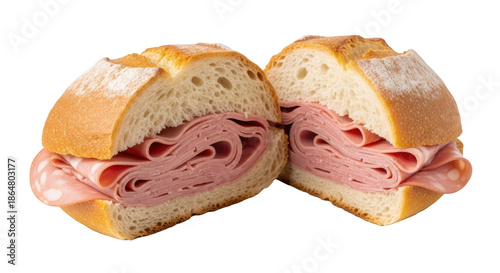 A golden-brown, crusty bread roll, sliced open to reveal vibrant pink mortadella layers, isolated against a bright white background. Concept for gourmet snack advertising