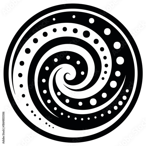 Black and White Spiraling Circle Design with Dots: Abstract Graphic Element