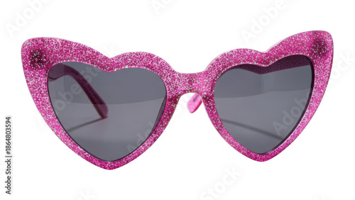 Pink glitter heart shaped sunglasses with dark lenses on black background sparkling