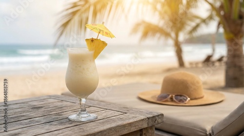 Tropical cocktail with pineapple and umbrella on wooden table by sandy beach. Refreshing beverage for summer vacation, travel, and holiday concept.