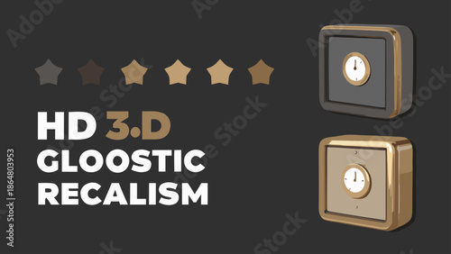 Illustration of two metallic safes with clocks and five stars on a dark gray background in hd d gloostic