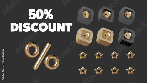 Promotional graphic featuring fifty percent discount text golden percentage symbol cube shapes and star icons