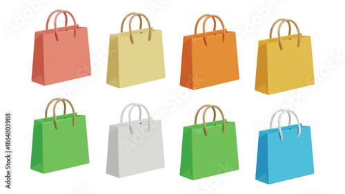 A vibrant collection of eight colorful shopping bags displayed against a white background