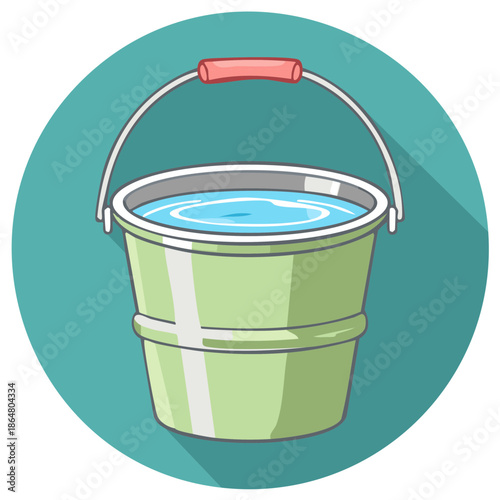 Bucket filled with water. Cartoon style illustration in a circle.