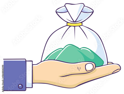 Hand holding transparent bag filled with green gems or crystals for wealth and finance