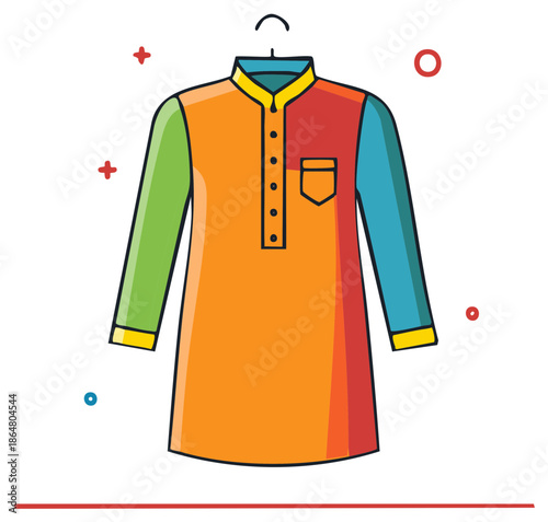 Vibrant colorful traditional Indian Kurta garment illustration hanging on a hanger