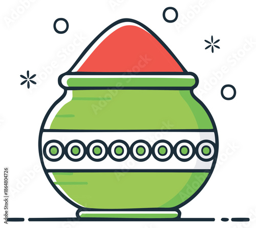 A decorated green pot of red gulal powder for the Hindu festival of Holi celebration