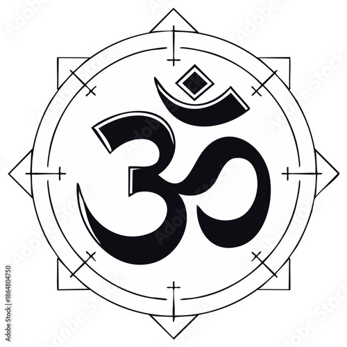 Om Symbol in Circle with Outer Star Shape Black and White Line Art Design  Meditation Icon