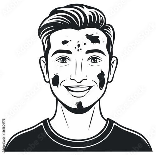 Smiling man with ink stains on face and chin, artistic portrait