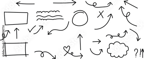 Hand drawn doodle set featuring diverse arrows, shapes, and marks on a white background Vector