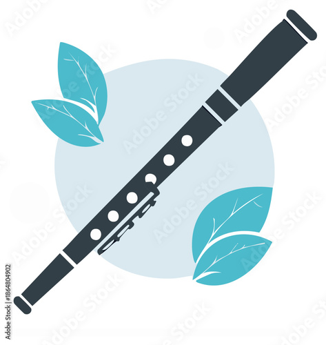 Musical Flute Whistle Design Featuring Teal Leaves and Serene Organic Motif