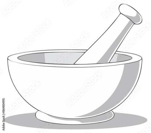 Mortar and Pestle Illustration Simple Outline White Bowl Grinding Herbs and Spices Kitchen Tool