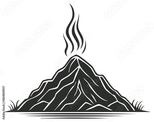 Stylized volcano erupting with smoke and flames, representing power and geological activity