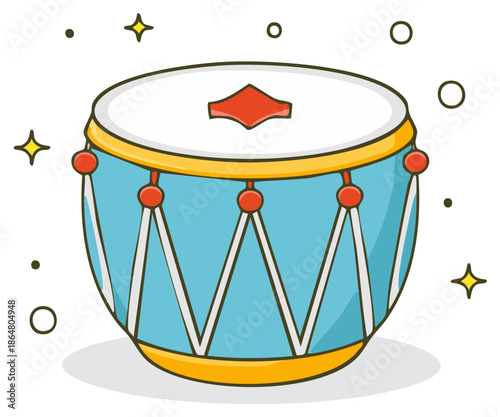 Colorful Cartoon Drum Illustration with Stars and Dots Musical Instrument