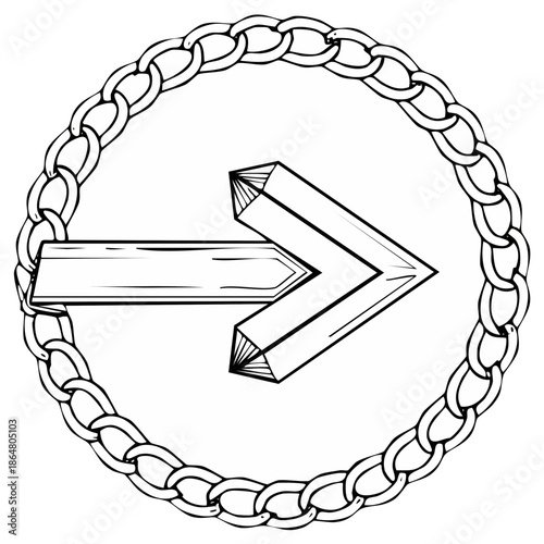 Sketch Illustration of Arrow Pointing Right Inside Circular Chain Border Direction Guidance Route Location