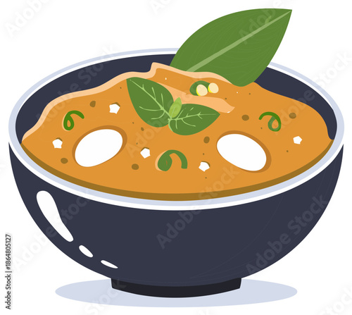 Cartoon illustration of orange soup in a bowl with a green basil leaf decoration.